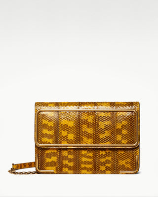 front view of the yellow gala exotic snake skin satchel bag|light