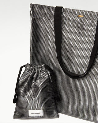 grey aldine silk shopper bag and matching drawstring bag|light