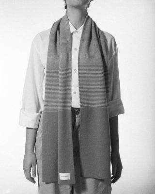a woman is wearing the pink pure cashmere striped anni scarf|light