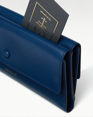 close up view of the blue leather bella double wallet|light