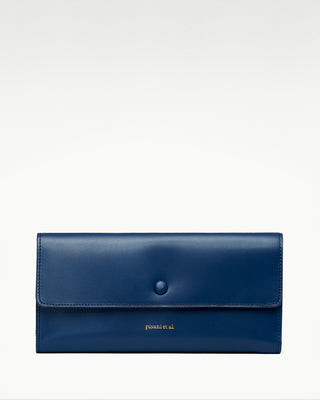 front view of the blue leather bella double wallet|light