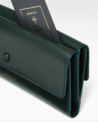 detailed view of the green leather bella double wallet|light