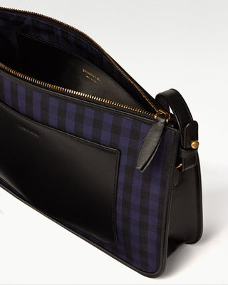 inside view of the blue lightweight bembino silk and leather satchel bag|light