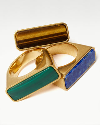 three gold plated brass Bembo rings with a semi precious stone|light