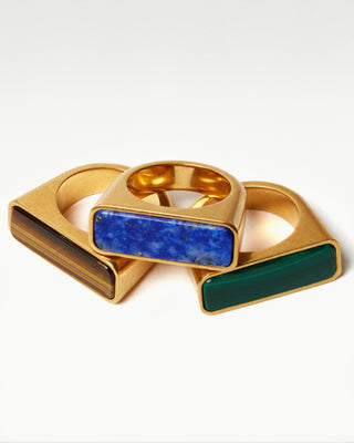 three gold plated brass bembo rings with lapis lazuli, malachite and tiger eye stones |light