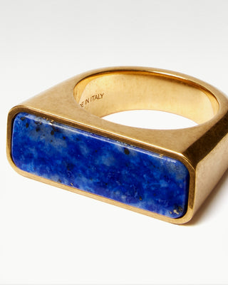 detailed view of the gold plated brass bembo ring with lapis lazuli semi precious stone|light