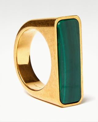 large view of the gold plated brass bembo ring with malachite semi precious stone|light