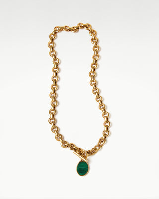 front view of the gold plated brass bembo egg necklace with malachite semi precious stone|light