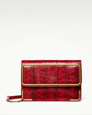 front view of the red gala exotic snake skin satchel bag|light