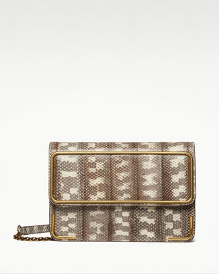 front view of the White gala exotic snake skin satchel bag |light