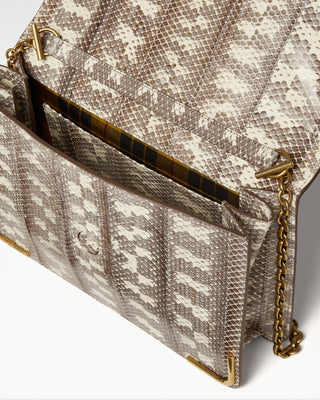 inside view of the White gala exotic snake skin satchel bag|light