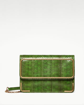 front view of the green gala exotic snake skin satchel bag|light