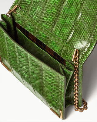 inside view of the green gala exotic snake skin satchel bag|light