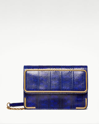 front view of the blue gala exotic snake skin satchel bag|light