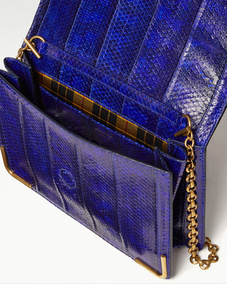 inside view of the blue gala exotic snake skin satchel bag|light
