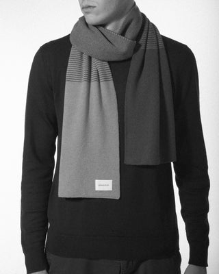 a man wearing the pure cashmere striped jo scarf around his neck|light