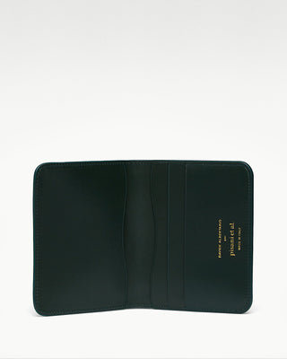 open view of the green luca leather bi fold wallet|light