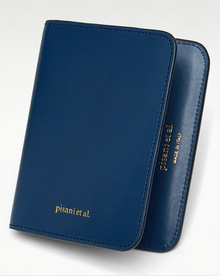 detailed view of the blue luca leather bi fold wallet|light