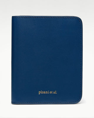 front view of the blue luca leather bi fold wallet|light