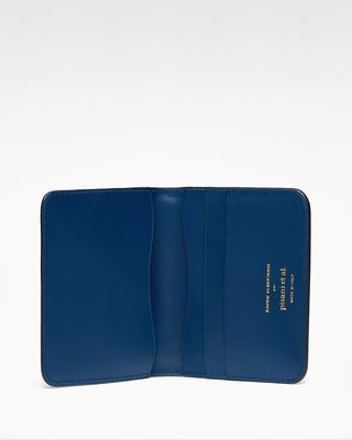 open view of the blue luca leather bi fold wallet|light