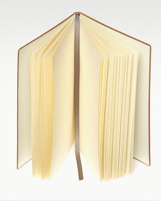 open view of the yellow octavo leather bound journal|light