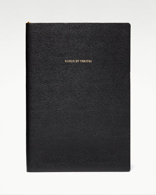 front view of the black octavo leather bound journal|light