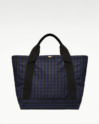 front view of the blue pietro silk tote with zippered pouch|light
