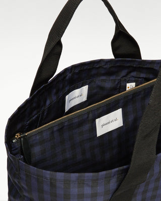 open view of the blue pietro silk tote with zippered pouch|light