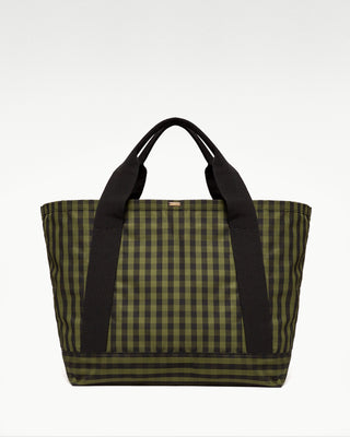 front view of the green pietro silk tote with zippered pouch|light