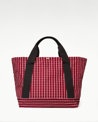 front view red pietro silk tote with zippered pouch|light