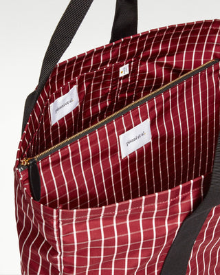 open view of the red pietro silk tote with zippered pouch|light