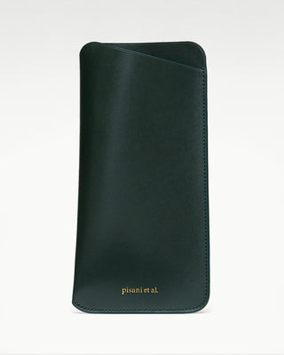 front view of the green poeta leather eyeglass case|light