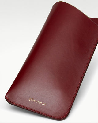 detailed view of the red poeta leather eyeglass case|light