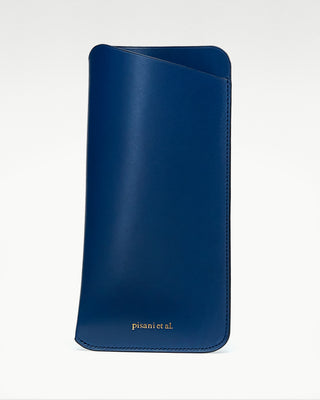 front view of the blue poeta leather eyeglass case|light