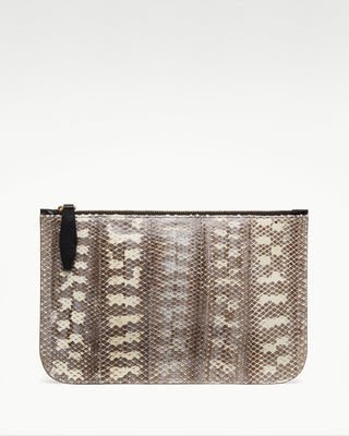 front view of the white vanni exotic snake skin zippered pouch|light