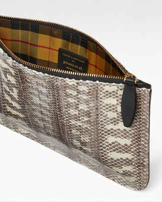 inside view of the white vanni exotic snake skin zippered pouch|light