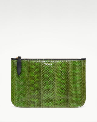 front view of the green vanni exotic snake skin zippered pouch|light