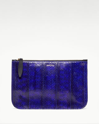 front view of the blue vanni exotic snake skin pouch with a pocket|light