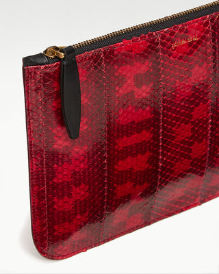 detailed view of the red vanni exotic snake skin zippered pouch|light