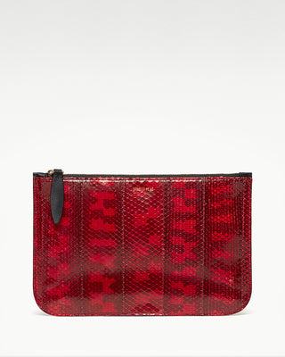 front view of the red vanni exotic snake skin zippered pouch|light
