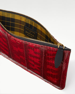 inside view of the red vanni exotic snake skin zippered pouch|light