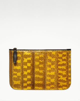 front view of the yellow vanni exotic snake skin zippered pouch|light