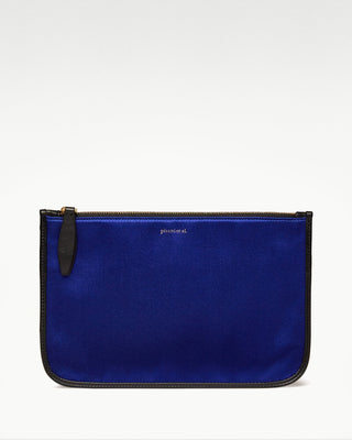 front view of the blue vanni silk zippered pouch with a pocket|light