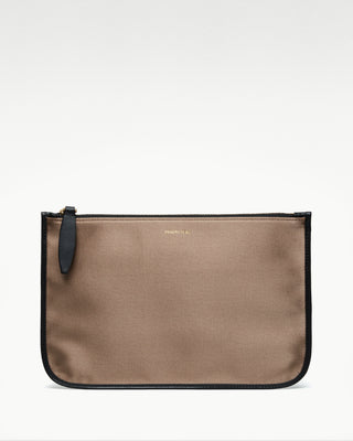 front view of the sand  vanni silk zippered pouch with a pocket|light