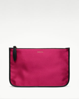 front view of the pink vanni silk zippered pouch with a pocket|light