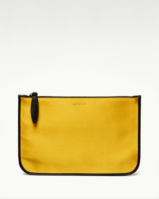 front view of the yellow vanni silk zippered pouch with a pocket|light