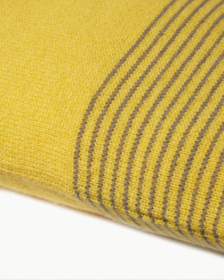 detail view of the yellow small striped dolce cashmere travel pillow with olive wood buttons|light